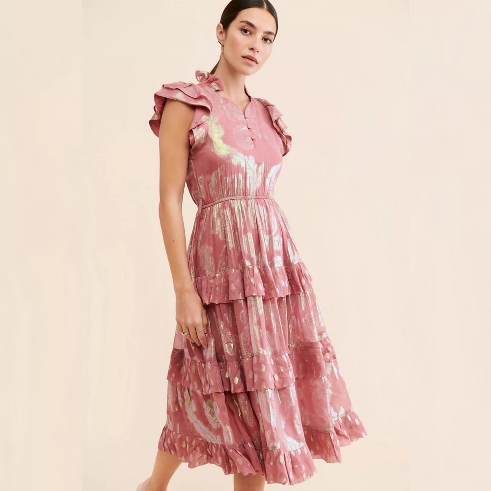 Ollari Anthropologie Orchid‎ Mid Dress Pink And Metallic Women's Size Medium
